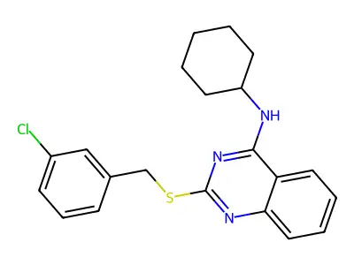 2-((3-chlorobenzyl)thio)-N-cyclohexylquinazolin-4-amine structure
