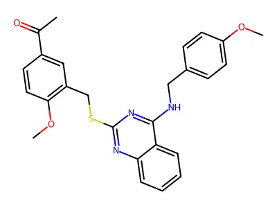 1-[4-methoxy-3-[[4-[(4-methoxyphenyl)methylamino]quinazolin-2-yl]sulfanylmethyl]phenyl]ethanone structure