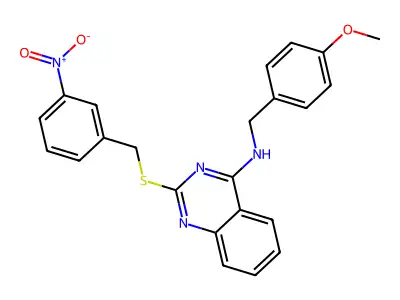 N-[(4-methoxyphenyl)methyl]-2-[(3-nitrophenyl)methylsulfanyl]quinazolin-4-amine structure