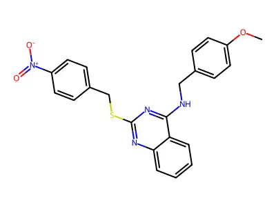 N-[(4-methoxyphenyl)methyl]-2-[(4-nitrophenyl)methylsulfanyl]quinazolin-4-amine structure