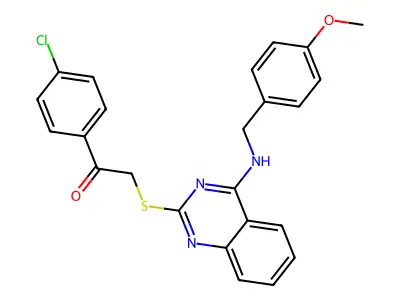 1-(4-Chlorophenyl)-2-((4-((4-methoxybenzyl)amino)quinazolin-2-yl)thio)ethanone structure
