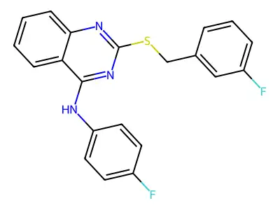 N-(4-fluorophenyl)-2-[(3-fluorophenyl)methylsulfanyl]quinazolin-4-amine structure