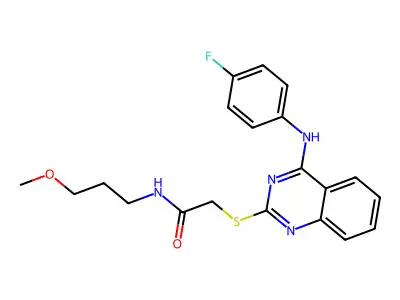 2-[4-(4-fluoroanilino)quinazolin-2-yl]sulfanyl-N-(3-methoxypropyl)acetamide structure