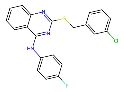 2-[(3-chlorophenyl)methylsulfanyl]-N-(4-fluorophenyl)quinazolin-4-amine structure