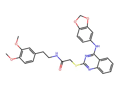 2-({4-[(2H-1,3-benzodioxol-5-yl)amino]quinazolin-2-yl}sulfanyl)-N-[2-(3,4-dimethoxyphenyl)ethyl]acetamide structure