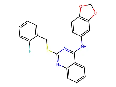 N-(1,3-benzodioxol-5-yl)-2-[(2-fluorophenyl)methylsulfanyl]quinazolin-4-amine structure