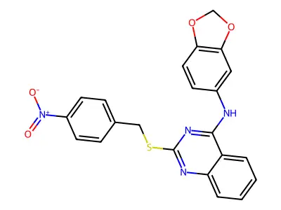 N-(1,3-benzodioxol-5-yl)-2-[(4-nitrophenyl)methylsulfanyl]quinazolin-4-amine structure