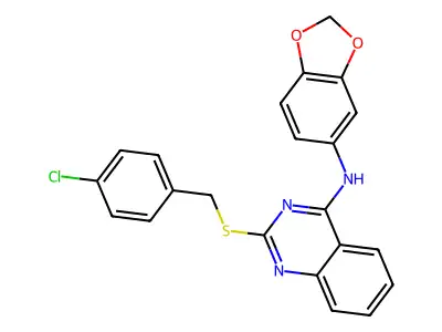 N-(1,3-benzodioxol-5-yl)-2-[(4-chlorophenyl)methylsulfanyl]quinazolin-4-amine structure