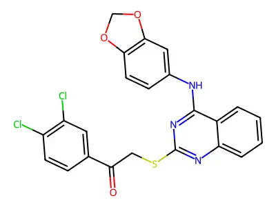2-({4-[(2H-1,3-benzodioxol-5-yl)amino]quinazolin-2-yl}sulfanyl)-1-(3,4-dichlorophenyl)ethan-1-one structure