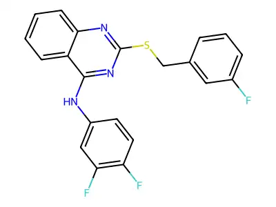 N-(3,4-difluorophenyl)-2-[(3-fluorophenyl)methylsulfanyl]quinazolin-4-amine structure