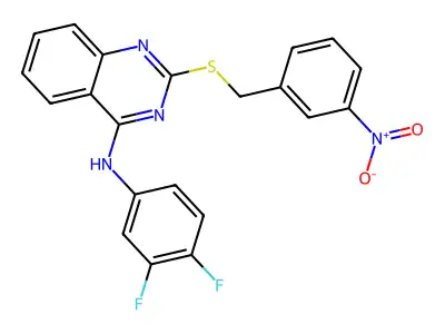N-(3,4-difluorophenyl)-2-[(3-nitrophenyl)methylsulfanyl]quinazolin-4-amine structure