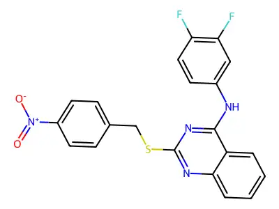 N-(3,4-difluorophenyl)-2-[(4-nitrophenyl)methylsulfanyl]quinazolin-4-amine structure