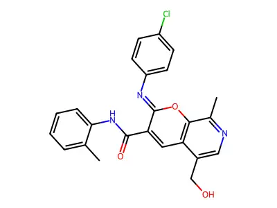 (2Z)-2-[(4-chlorophenyl)imino]-5-(hydroxymethyl)-8-methyl-N-(2-methylphenyl)-2H-pyrano[2,3-c]pyridine-3-carboxamide structure
