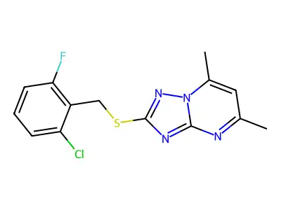 2-[(2-chloro-6-fluorobenzyl)sulfanyl]-5,7-dimethyl[1,2,4]triazolo[1,5-a]pyrimidine structure