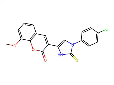 3-[1-(4-chlorophenyl)-2-sulfanylidene-2,3-dihydro-1H-imidazol-4-yl]-8-methoxy-2H-chromen-2-one structure