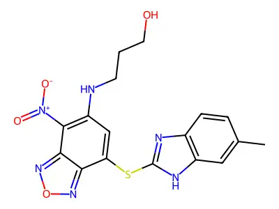3-((7-((5-methyl-1H-benzo[d]imidazol-2-yl)thio)-4-nitrobenzo[c][1,2,5]oxadiazol-5-yl)amino)propan-1-ol structure