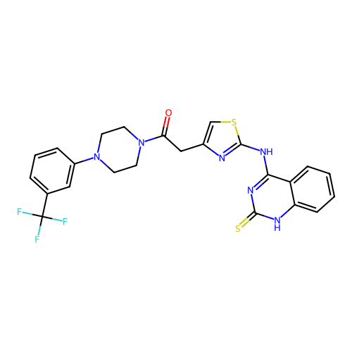 2-{2-[(2-sulfanylidene-1,2-dihydroquinazolin-4-yl)amino]-1,3-thiazol-4-yl}-1-{4-[3-(trifluoromethyl)phenyl]piperazin-1-yl}ethan-1-one structure