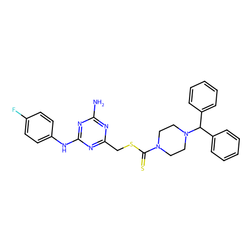 (4-amino-6-((4-fluorophenyl)amino)-1,3,5-triazin-2-yl)methyl 4-benzhydrylpiperazine-1-carbodithioate structure