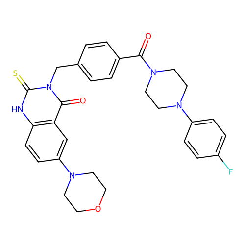 3-({4-[4-(4-fluorophenyl)piperazine-1-carbonyl]phenyl}methyl)-6-(morpholin-4-yl)-2-sulfanylidene-1,2,3,4-tetrahydroquinazolin-4-one structure