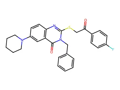 3-benzyl-2-{[2-(4-fluorophenyl)-2-oxoethyl]sulfanyl}-6-(piperidin-1-yl)-3,4-dihydroquinazolin-4-one structure
