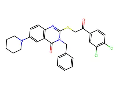 3-benzyl-2-{[2-(3,4-dichlorophenyl)-2-oxoethyl]sulfanyl}-6-(piperidin-1-yl)-3,4-dihydroquinazolin-4-one structure