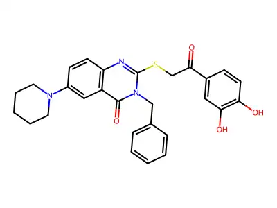 3-benzyl-2-{[2-(3,4-dihydroxyphenyl)-2-oxoethyl]sulfanyl}-6-(piperidin-1-yl)-3,4-dihydroquinazolin-4-one structure