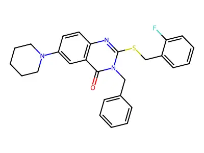 3-Benzyl-2-[(2-fluorophenyl)methylsulfanyl]-6-piperidin-1-ylquinazolin-4-one structure