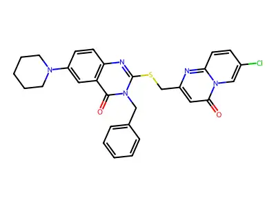 3-benzyl-2-[({7-chloro-4-oxo-4H-pyrido[1,2-a]pyrimidin-2-yl}methyl)sulfanyl]-6-(piperidin-1-yl)-3,4-dihydroquinazolin-4-one structure