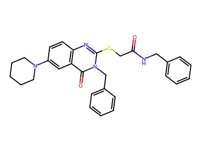 N-benzyl-2-(3-benzyl-4-oxo-6-piperidin-1-ylquinazolin-2-yl)sulfanylacetamide structure