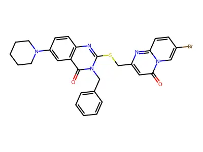 3-benzyl-2-[({7-bromo-4-oxo-4H-pyrido[1,2-a]pyrimidin-2-yl}methyl)sulfanyl]-6-(piperidin-1-yl)-3,4-dihydroquinazolin-4-one structure