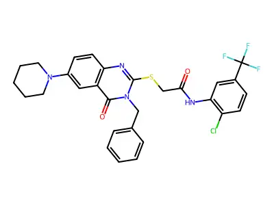 2-{[3-benzyl-4-oxo-6-(piperidin-1-yl)-3,4-dihydroquinazolin-2-yl]sulfanyl}-N-[2-chloro-5-(trifluoromethyl)phenyl]acetamide structure