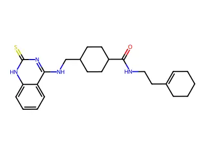 N-(2-cyclohex-1-en-1-ylethyl)-4-{[(2-thioxo-1,2-dihydroquinazolin-4-yl)amino]methyl}cyclohexanecarboxamide structure