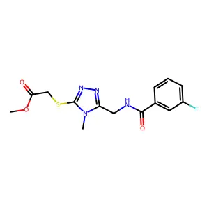 methyl 2-((5-((3-fluorobenzamido)methyl)-4-methyl-4H-1,2,4-triazol-3-yl)thio)acetate structure