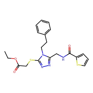 ethyl 2-{[4-(2-phenylethyl)-5-{[(thiophen-2-yl)formamido]methyl}-4H-1,2,4-triazol-3-yl]sulfanyl}acetate structure