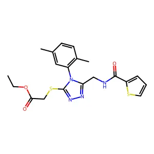 ethyl 2-((4-(2,5-dimethylphenyl)-5-((thiophene-2-carboxamido)methyl)-4H-1,2,4-triazol-3-yl)thio)acetate structure