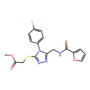 methyl 2-((4-(4-fluorophenyl)-5-((furan-2-carboxamido)methyl)-4H-1,2,4-triazol-3-yl)thio)acetate structure