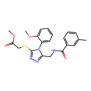 methyl 2-[[4-(2-methoxyphenyl)-5-[[(3-methylbenzoyl)amino]methyl]-1,2,4-triazol-3-yl]sulfanyl]acetate structure