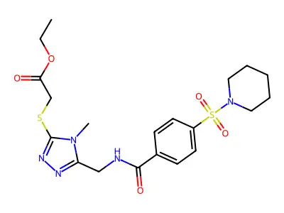 ethyl 2-((4-methyl-5-((4-(piperidin-1-ylsulfonyl)benzamido)methyl)-4H-1,2,4-triazol-3-yl)thio)acetate structure