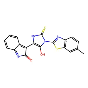 (3E)-3-[1-(6-methyl-1,3-benzothiazol-2-yl)-5-oxo-2-sulfanylideneimidazolidin-4-ylidene]-1H-indol-2-one structure