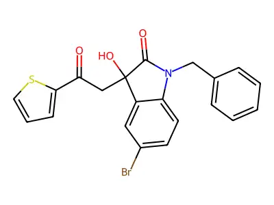 1-Benzyl-5-bromo-3-hydroxy-3-(2-oxo-2-thiophen-2-ylethyl)indol-2-one structure