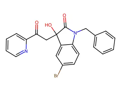 1-benzyl-5-bromo-3-hydroxy-3-(2-oxo-2-pyridin-2-ylethyl)indol-2-one structure