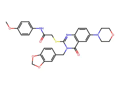 2-({3-[(2H-1,3-benzodioxol-5-yl)methyl]-6-(morpholin-4-yl)-4-oxo-3,4-dihydroquinazolin-2-yl}sulfanyl)-N-(4-methoxyphenyl)acetamide structure