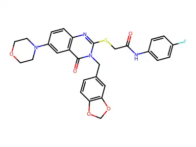 2-({3-[(2H-1,3-benzodioxol-5-yl)methyl]-6-(morpholin-4-yl)-4-oxo-3,4-dihydroquinazolin-2-yl}sulfanyl)-N-(4-fluorophenyl)acetamide structure
