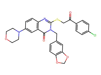 3-[(2H-1,3-benzodioxol-5-yl)methyl]-2-{[2-(4-chlorophenyl)-2-oxoethyl]sulfanyl}-6-(morpholin-4-yl)-3,4-dihydroquinazolin-4-one structure