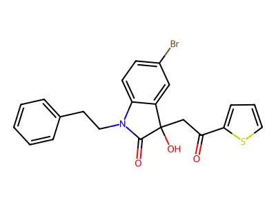 5-bromo-3-hydroxy-3-[2-oxo-2-(thiophen-2-yl)ethyl]-1-(2-phenylethyl)-1,3-dihydro-2H-indol-2-one structure