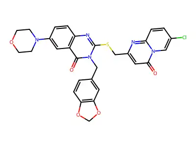3-[(2H-1,3-benzodioxol-5-yl)methyl]-2-[({7-chloro-4-oxo-4H-pyrido[1,2-a]pyrimidin-2-yl}methyl)sulfanyl]-6-(morpholin-4-yl)-3,4-dihydroquinazolin-4-one structure