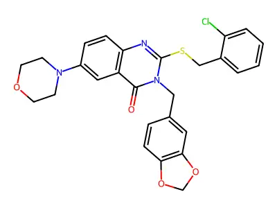 3-[(2H-1,3-benzodioxol-5-yl)methyl]-2-{[(2-chlorophenyl)methyl]sulfanyl}-6-(morpholin-4-yl)-3,4-dihydroquinazolin-4-one structure