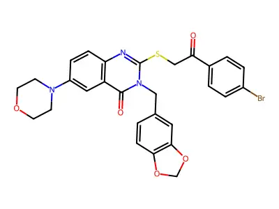 3-[(2H-1,3-benzodioxol-5-yl)methyl]-2-{[2-(4-bromophenyl)-2-oxoethyl]sulfanyl}-6-(morpholin-4-yl)-3,4-dihydroquinazolin-4-one structure