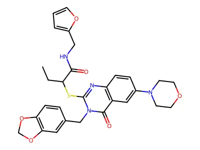 2-({3-[(2H-1,3-benzodioxol-5-yl)methyl]-6-(morpholin-4-yl)-4-oxo-3,4-dihydroquinazolin-2-yl}sulfanyl)-N-[(furan-2-yl)methyl]butanamide structure