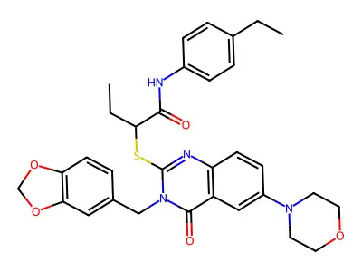 2-({3-[(2H-1,3-benzodioxol-5-yl)methyl]-6-(morpholin-4-yl)-4-oxo-3,4-dihydroquinazolin-2-yl}sulfanyl)-N-(4-ethylphenyl)butanamide structure